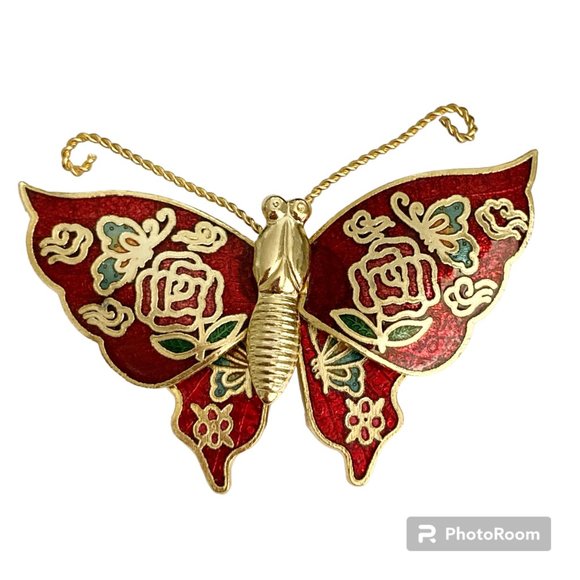 Vintage Cloisonne Butterfly Brooch Pin Flowers Red Enamel Gold Plated Taiwan - Picture 1 of 12